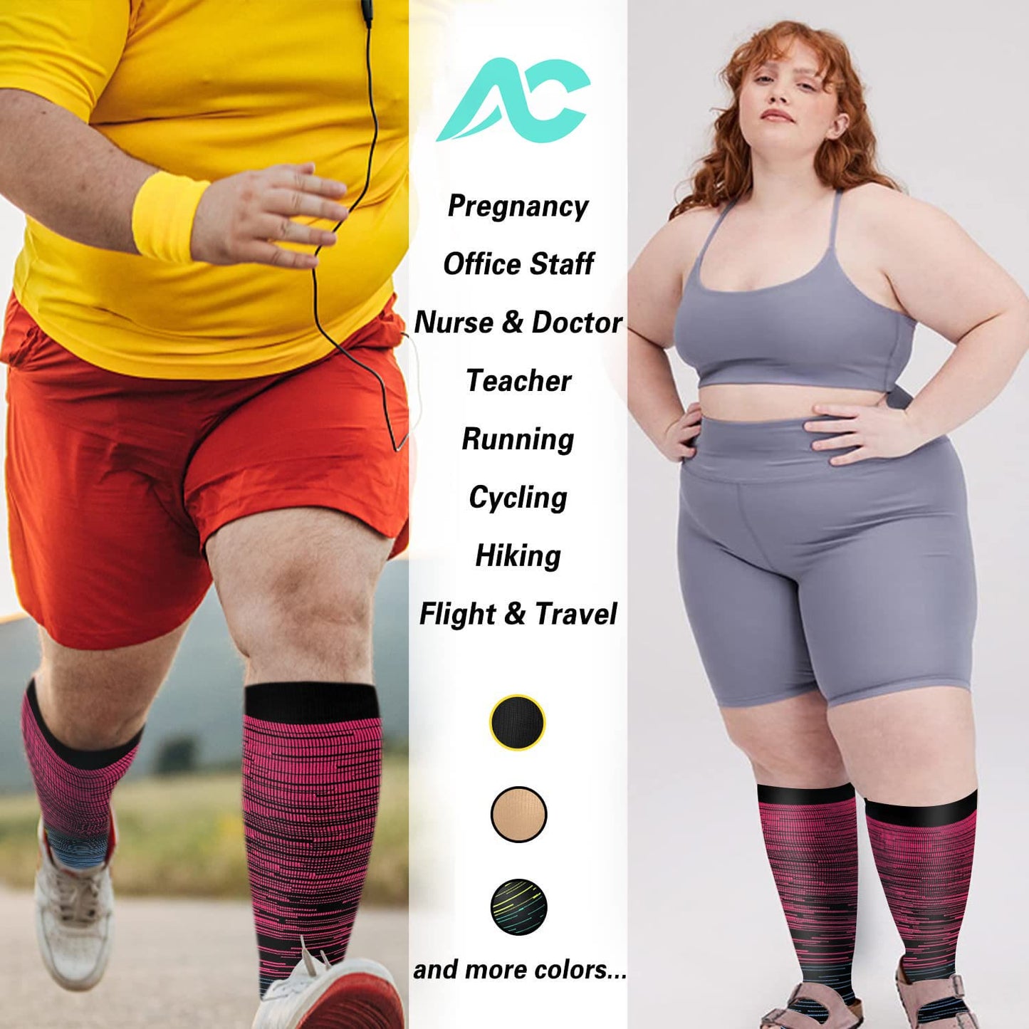 Chaussettes de compression grande taille à filaments roses rouges (2XL-7XL) (3 paires)