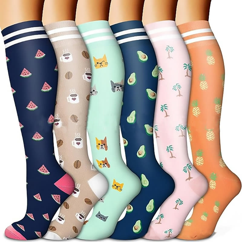 Chaussettes de compression à motifs de fruits et de café (6 paires)