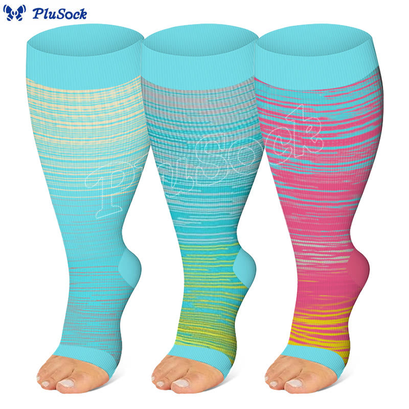 Chaussettes de compression à bout ouvert à rayures colorées grande taille (3 paires) - Multicolore - 4XL - image 1