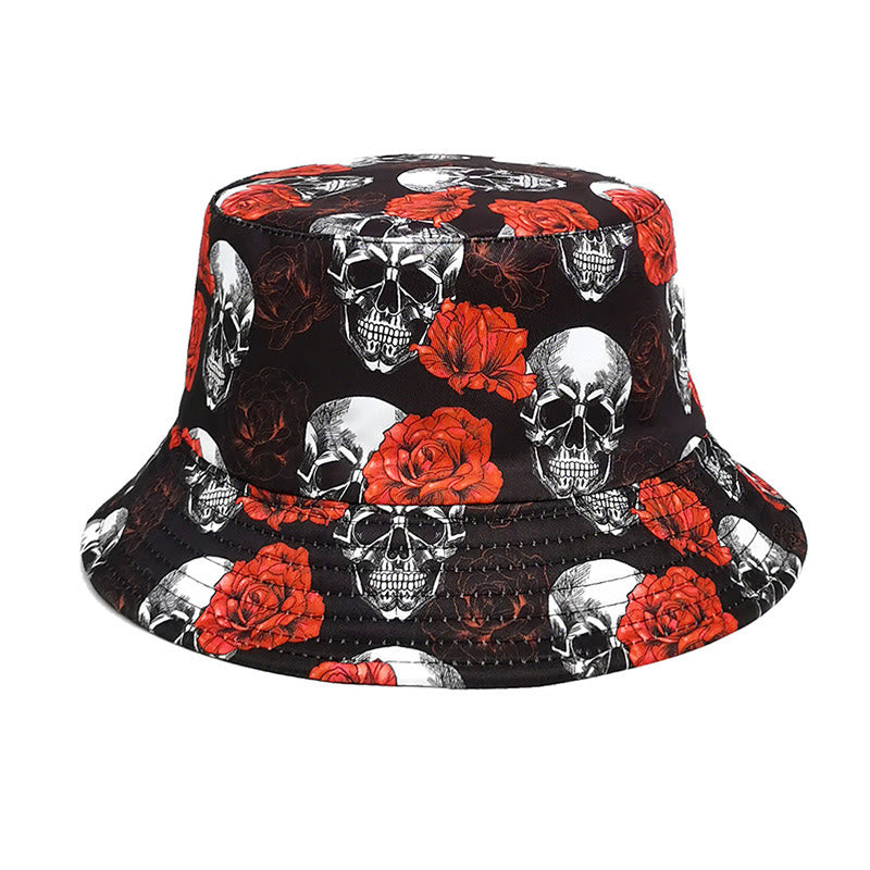 Chapeau bob grande taille à motif tête de mort et rose - Noir - Taille unique - image 0