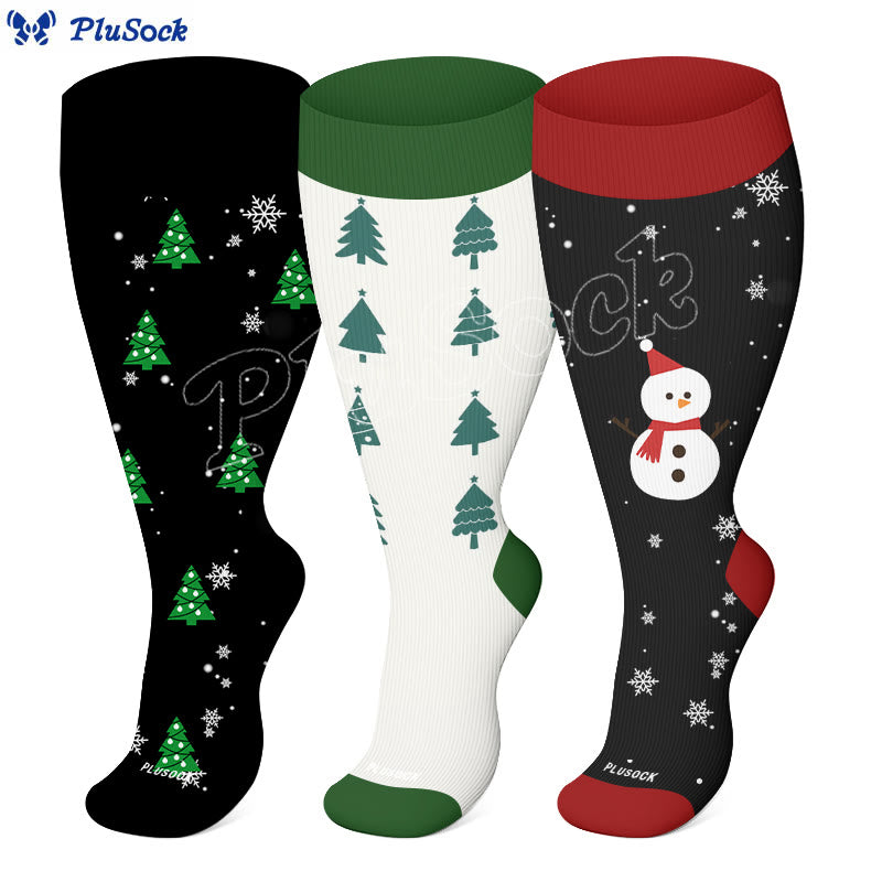 Chaussettes de compression grande taille motif sapin de Noël et bonhomme de neige (3 paires) - image 2