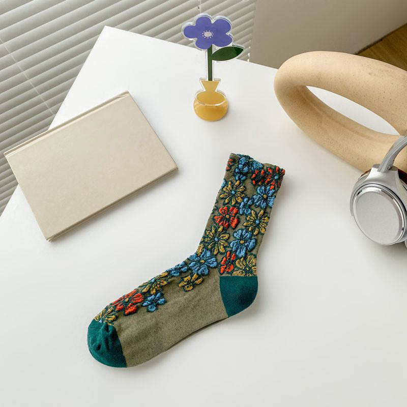 Chaussettes rétro à fleurs sculptées (5 paires) - Vert - EU36-40 (US3-7) - image 11