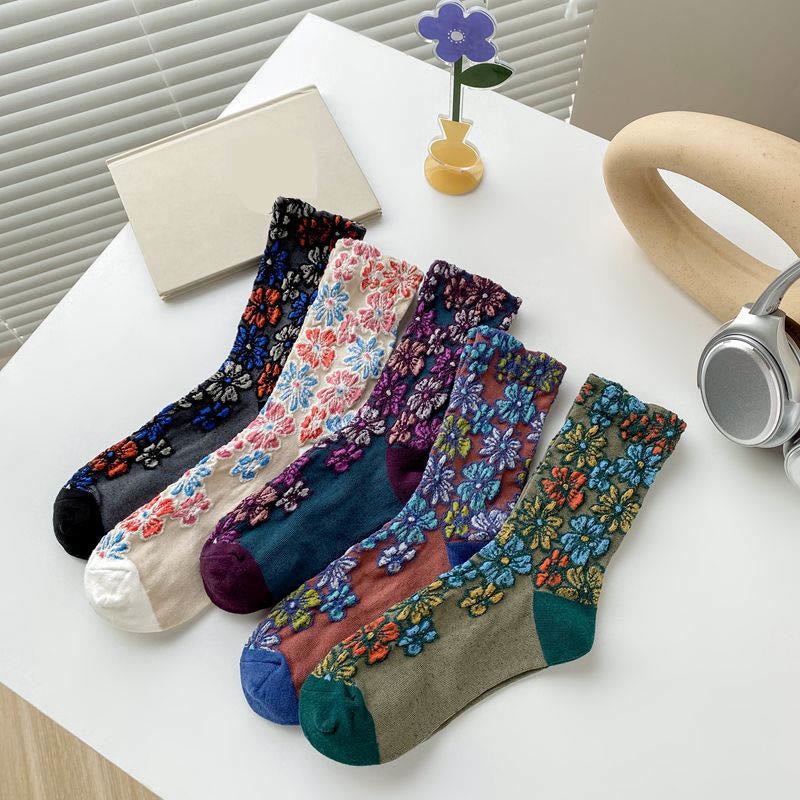 Chaussettes rétro à fleurs sculptées (5 paires) - Multicolore - EU36-40 (US3-7) - image 7