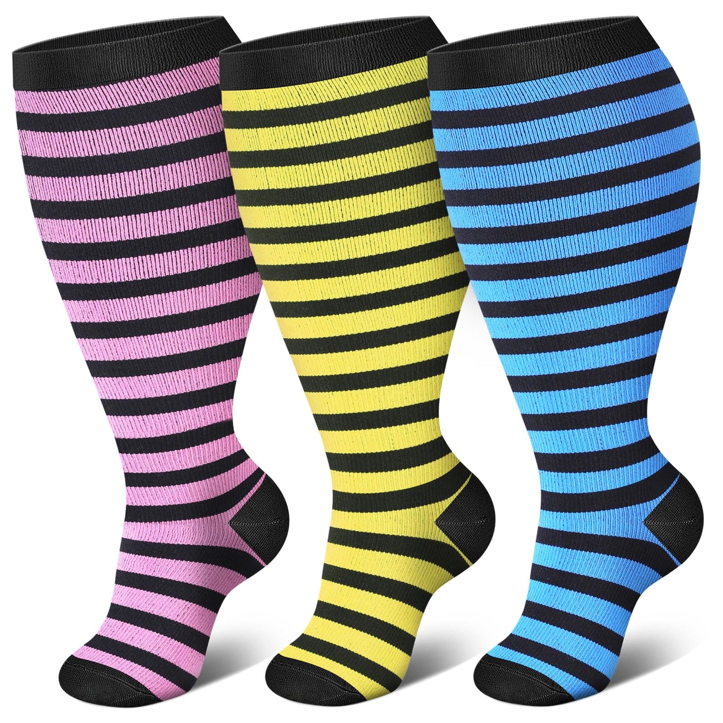 Chaussettes de compression à rayures roses, bleues et jaunes grande taille