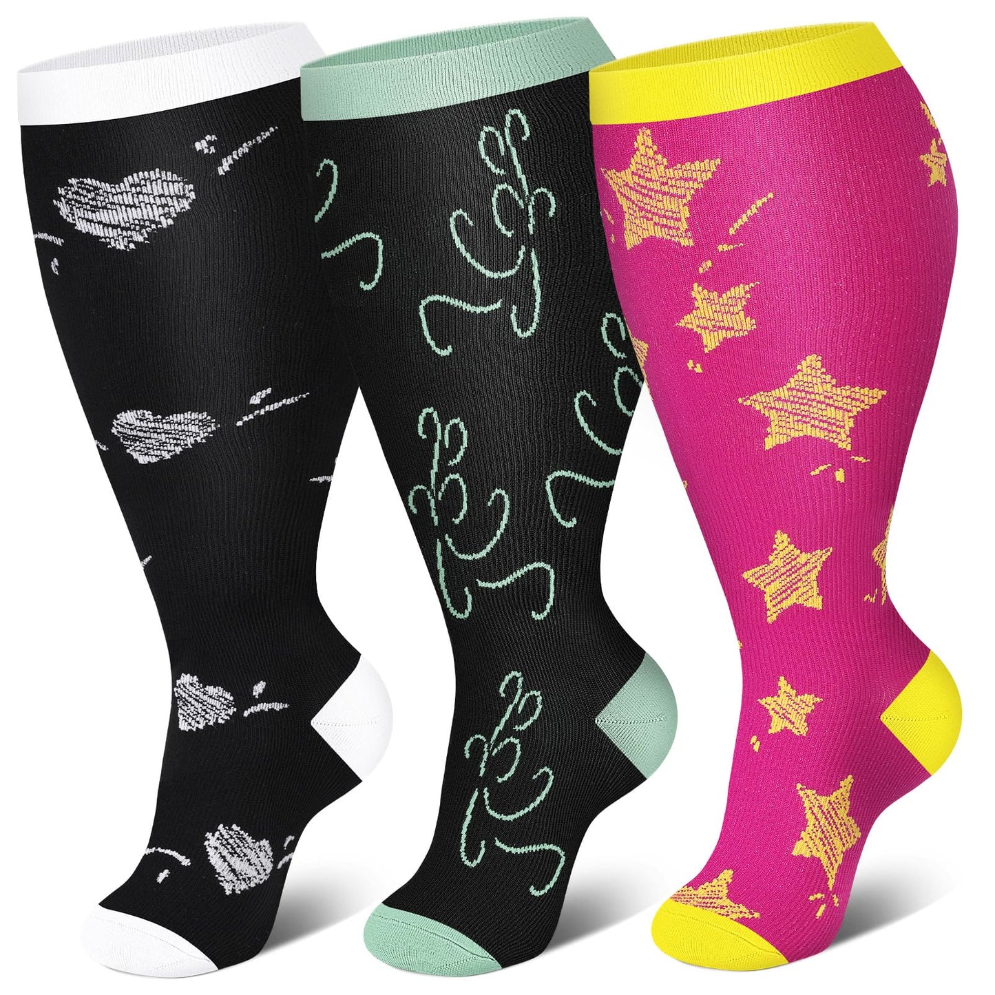Chaussettes de compression à rayures et cœurs étoiles grande taille