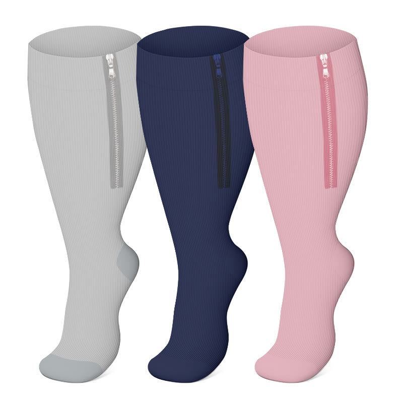 Chaussettes de compression à fermeture éclair de couleur unie, grandes tailles (2XL-7XL) (3 paires)