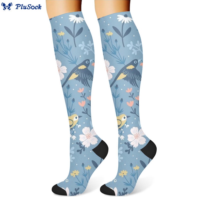Chaussettes de compression à motif oiseau et fleur (3 paires) - Bleu (1 paire) - S/M - image 4