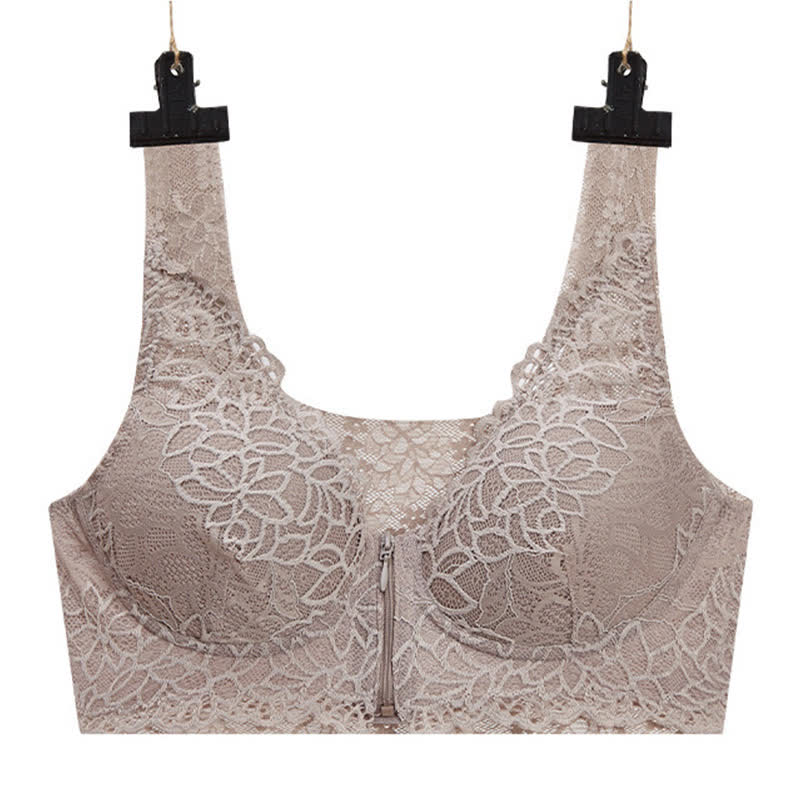 Soutien-gorge sexy sans armatures en dentelle grande taille avec fermeture éclair sur le devant