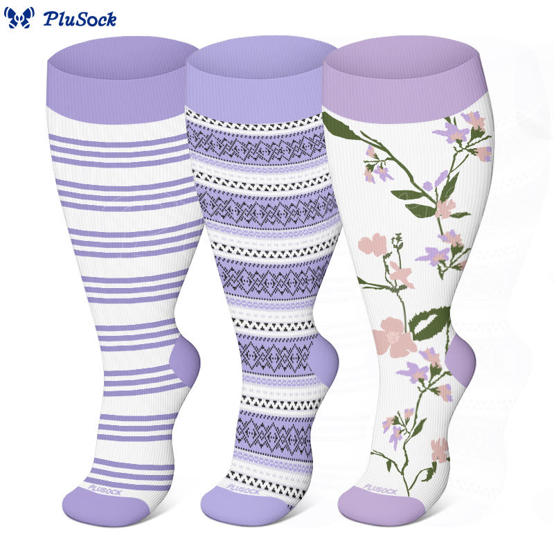 Chaussettes de compression à rayures violettes grande taille (3 paires) - image 1