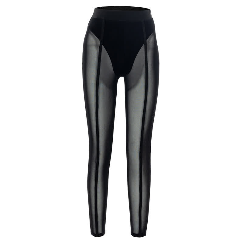 Bas sexy taille haute en maille transparente qui rehausse les hanches