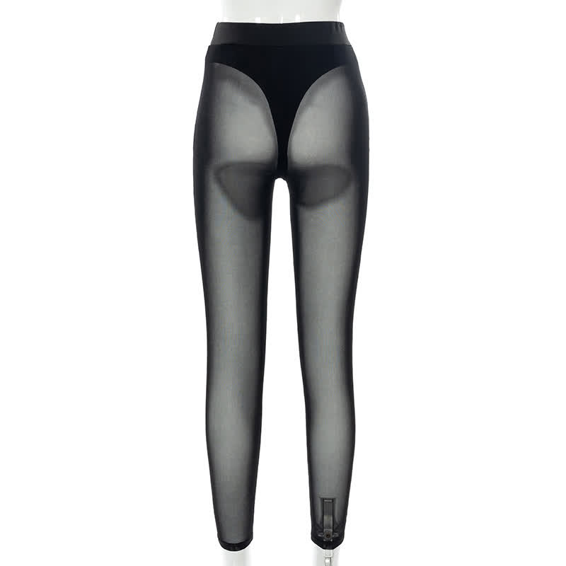 Bas sexy taille haute en maille transparente qui rehausse les hanches