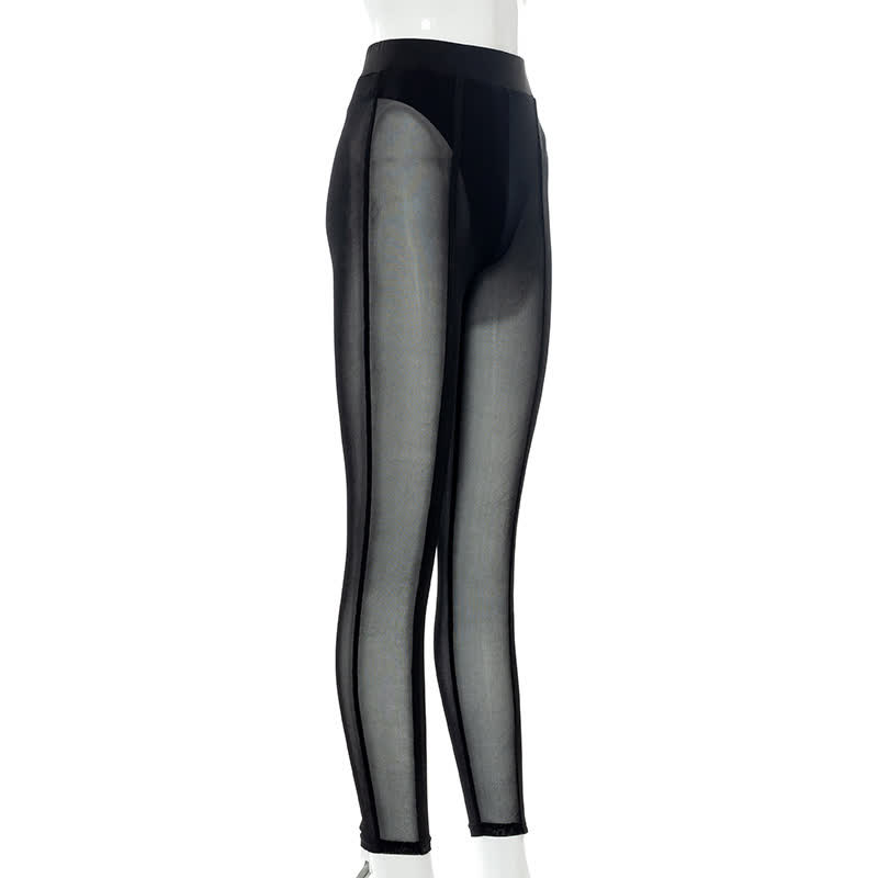 Bas sexy taille haute en maille transparente qui rehausse les hanches