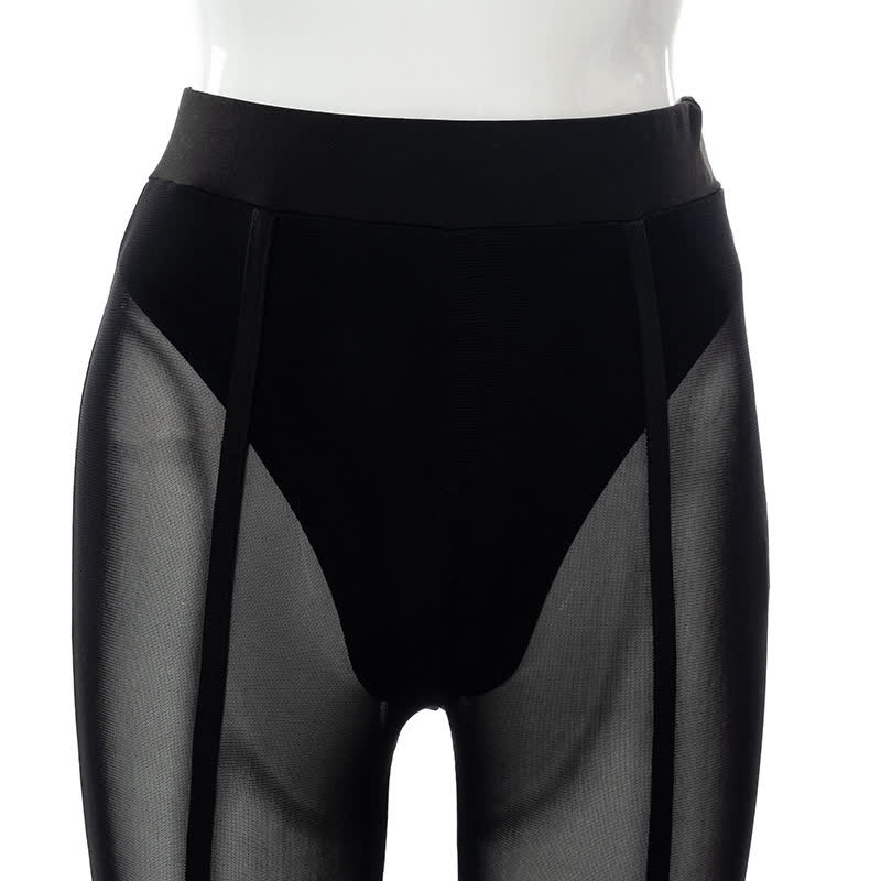 Bas sexy taille haute en maille transparente qui rehausse les hanches
