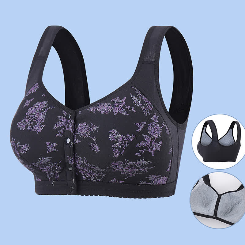 Soutien-gorge sans armatures à fermeture frontale et imprimé papillon et fleurs - Noir - 5XL - image 14