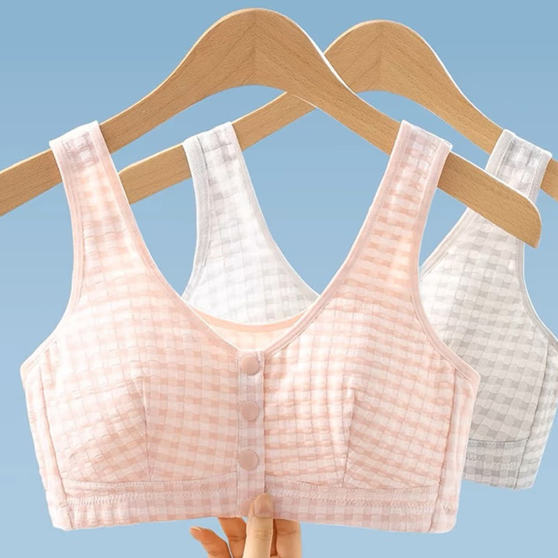 Soutien-gorge sans armatures à carreaux en coton grande taille avec fermeture sur le devant