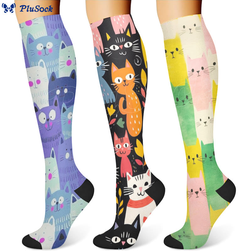 Chaussettes de compression à motif de chat (3 paires) - image 1