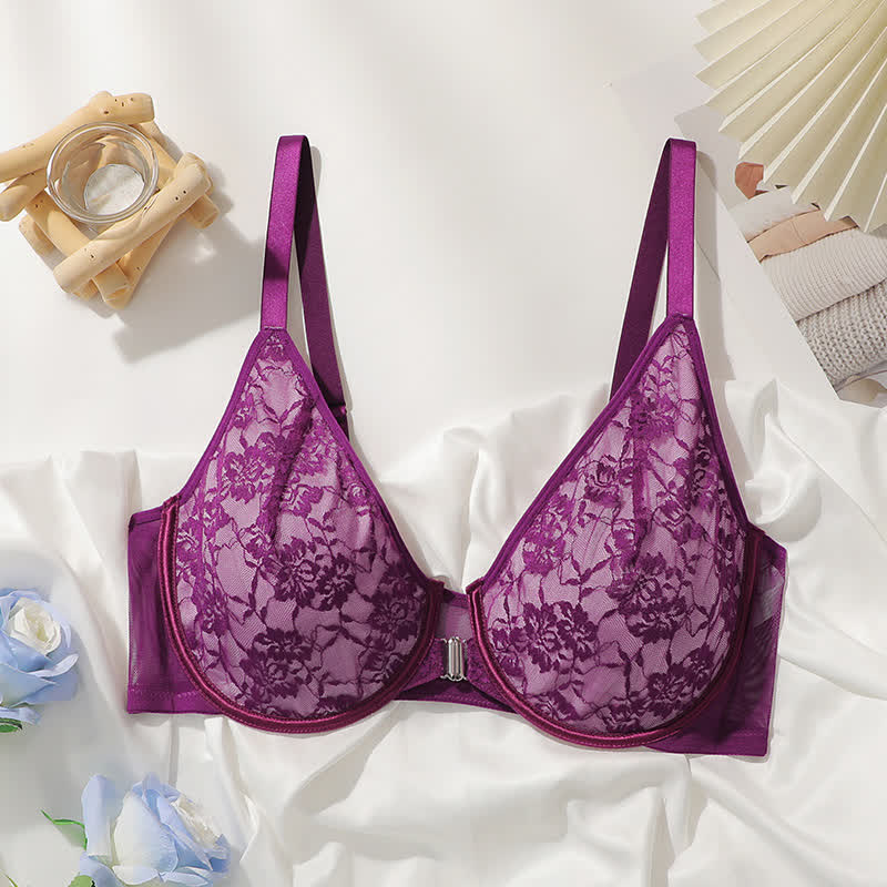 Soutien-gorge à armatures en dentelle respirante avec fermeture sur le devant, grande taille