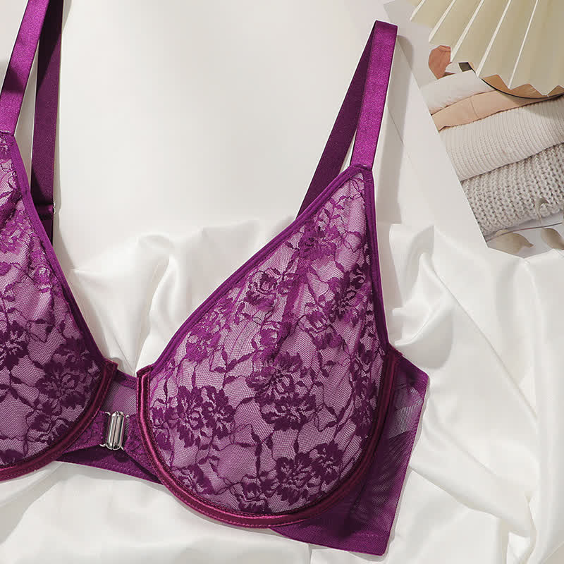 Soutien-gorge à armatures en dentelle respirante avec fermeture sur le devant, grande taille