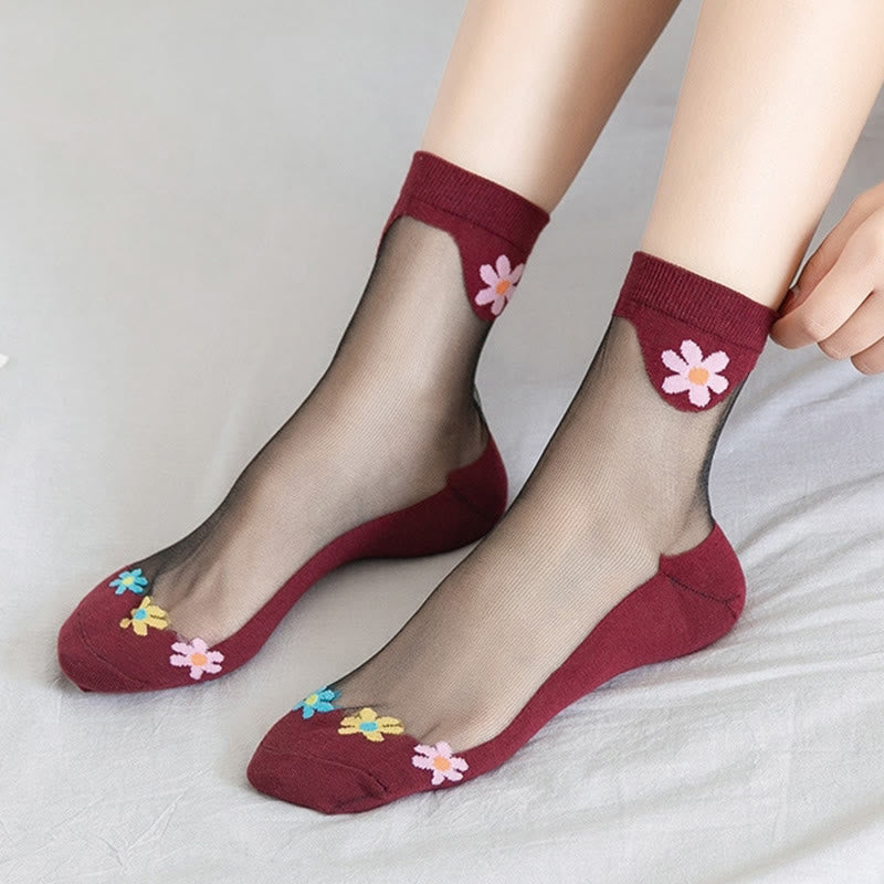 Chaussettes courtes en soie glacée à fleurs (9 paires) - Rouge - EU36-40 (US3-7) - image 8