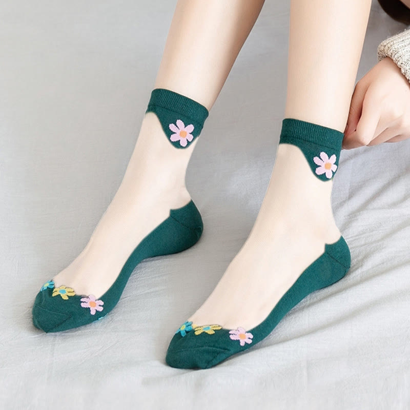 Chaussettes courtes en soie glacée à fleurs (9 paires) - Vert foncé - EU36-40 (US3-7) - image 14