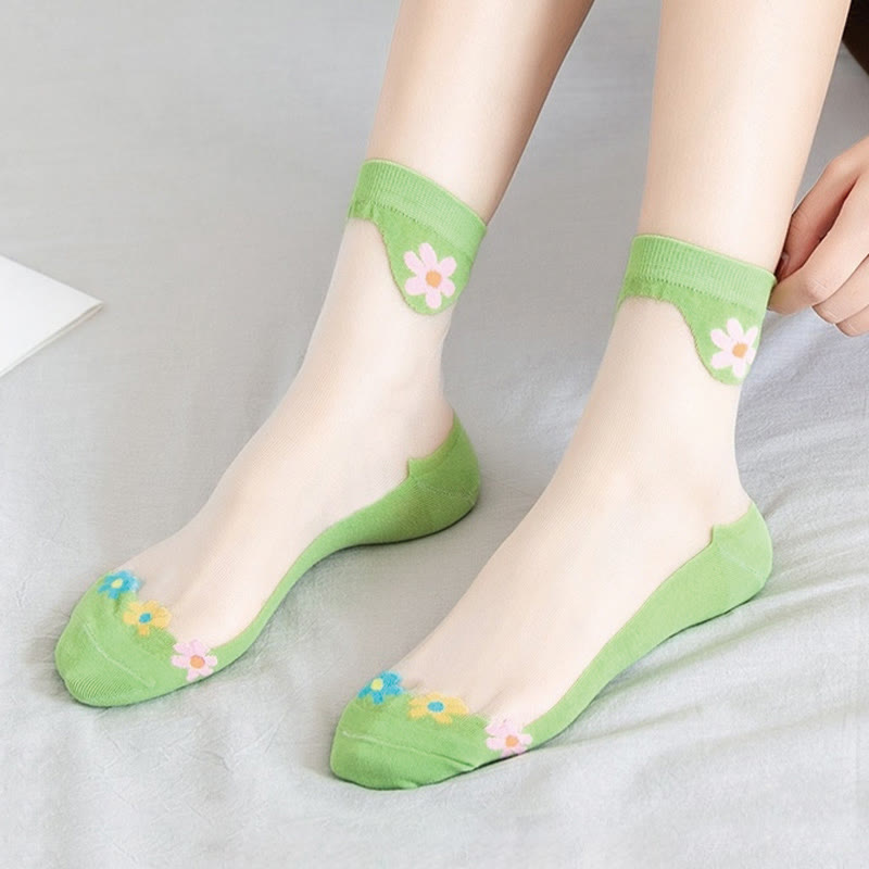 Chaussettes courtes en soie glacée à fleurs (9 paires) - Vert clair - EU36-40 (US3-7) - image 10