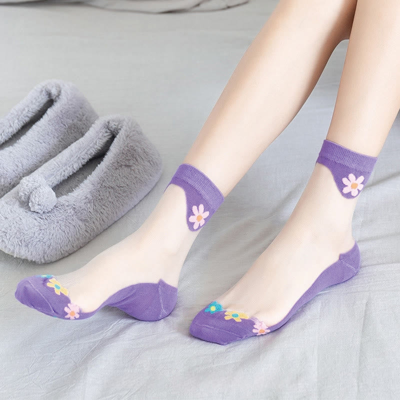 Chaussettes courtes en soie glacée à fleurs (9 paires) - Violet - EU36-40 (US3-7) - image 12