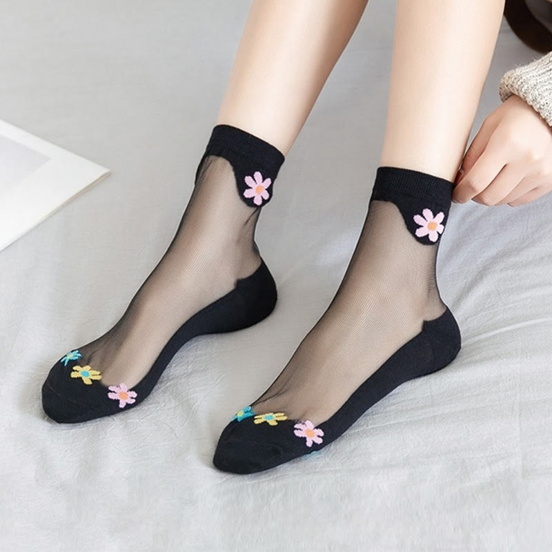 Chaussettes courtes en soie glacée à fleurs (9 paires) - Noir - EU36-40 (US3-7) - image 2