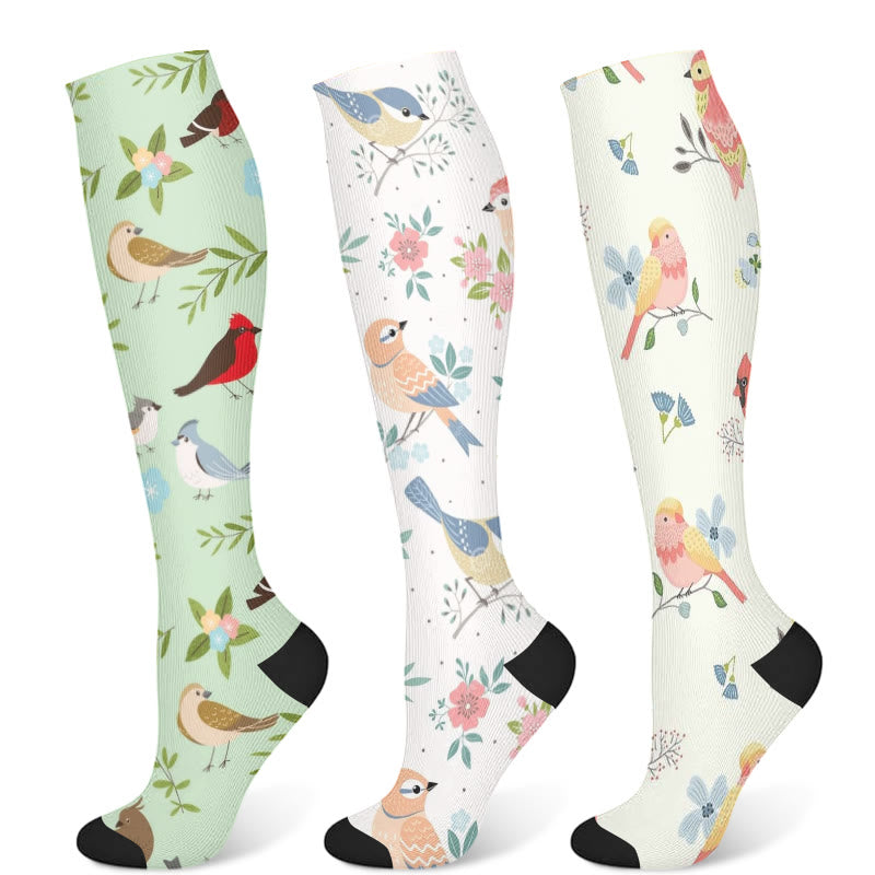 Chaussettes de compression à motif d'oiseaux et de fleurs printanières (3 paires) - Multicolore - S/M - image 5