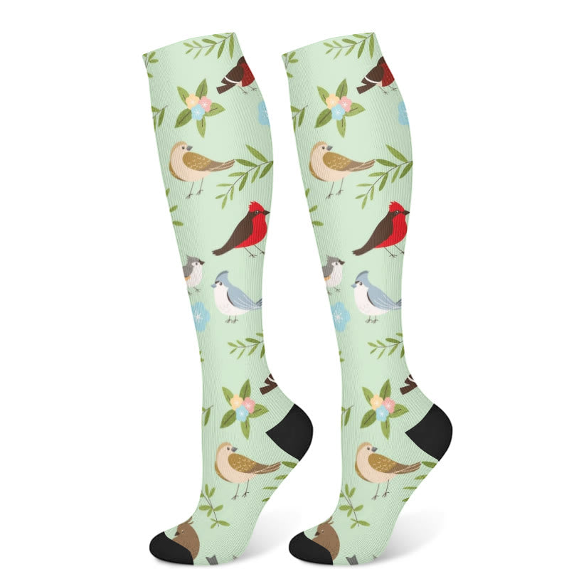 Chaussettes de compression à motif d'oiseaux et de fleurs printanières (3 paires) - Vert (1 paire) - S/M - image 6