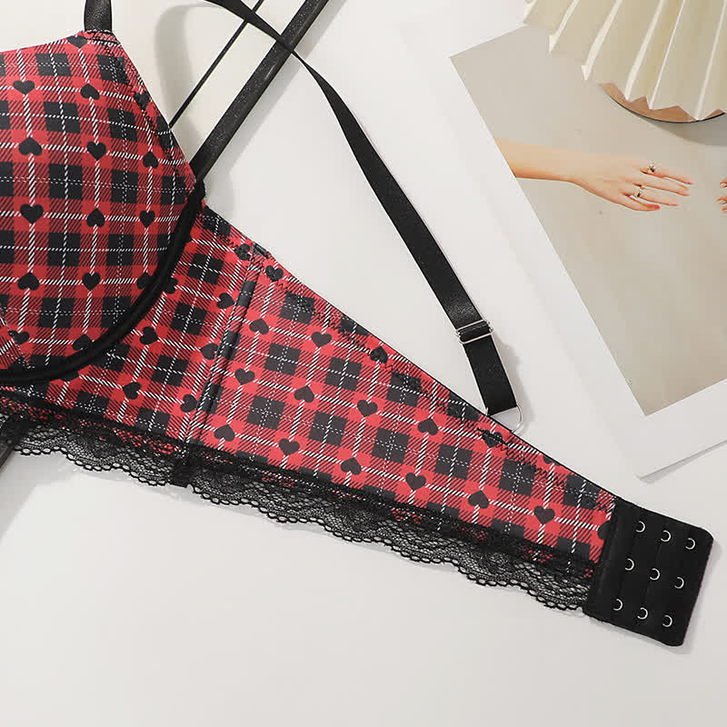 Soutien-gorge à armatures froncé à motif cœur à carreaux