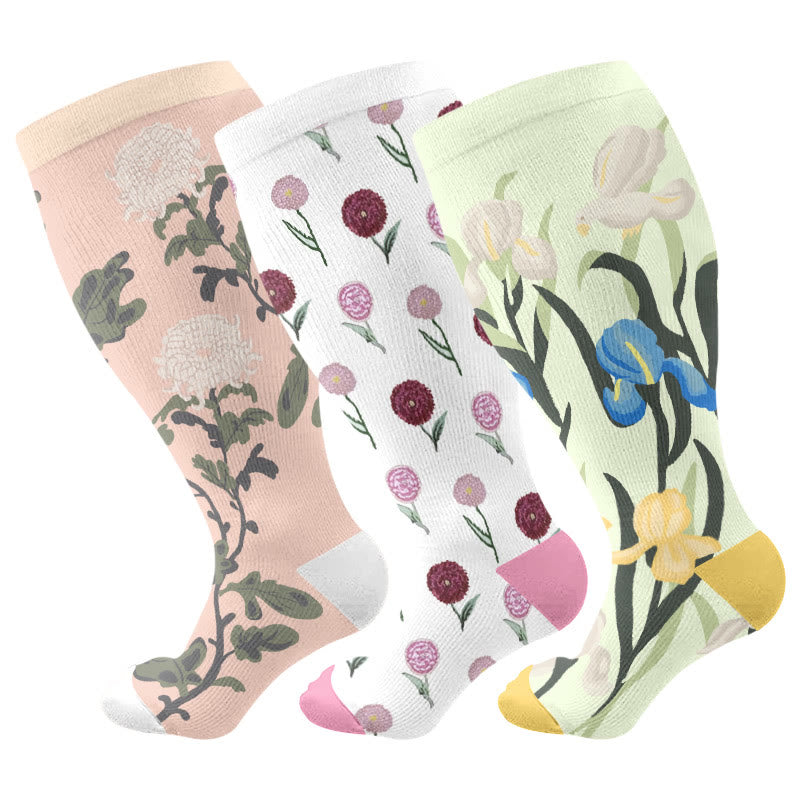 Chaussettes de compression à fleurs inspirées des fleurs grande taille (3 paires)