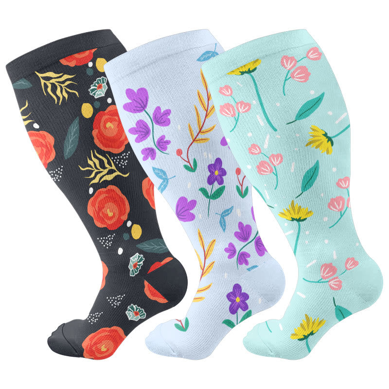 Chaussettes de compression à fleurs verdoyantes grande taille (3 paires)