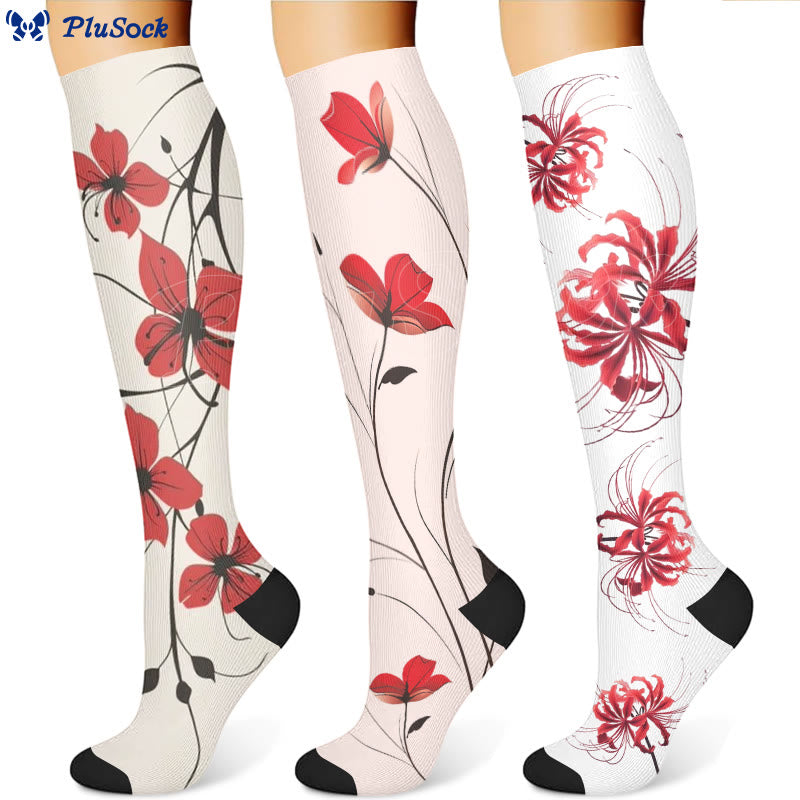 Chaussettes de compression à fleurs rouges (3 paires) - image 1