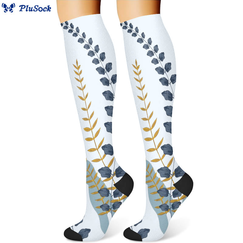 Chaussettes de compression à feuilles vertes et fleurs bleues (3 paires) - image 2