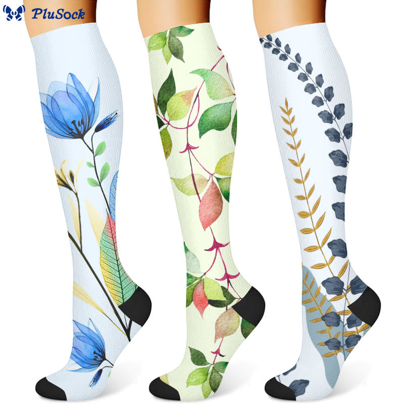 Chaussettes de compression à feuilles vertes et fleurs bleues (3 paires) - image 1