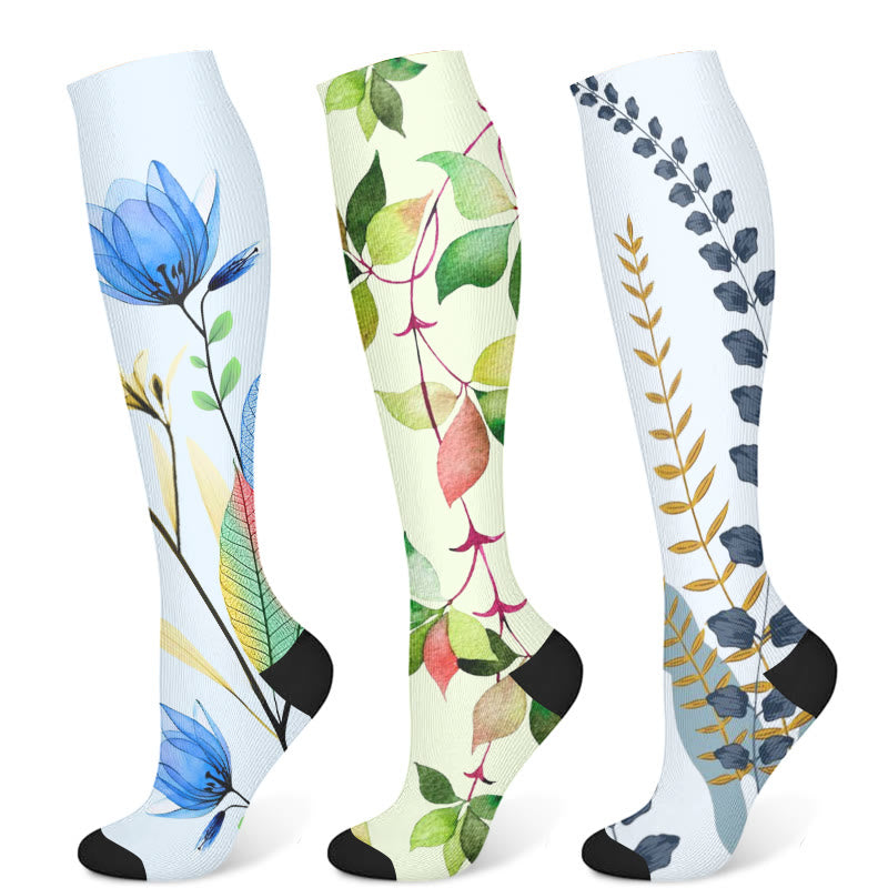Chaussettes de compression à feuilles vertes et fleurs bleues (3 paires) - Multicolore - S/M - image 5