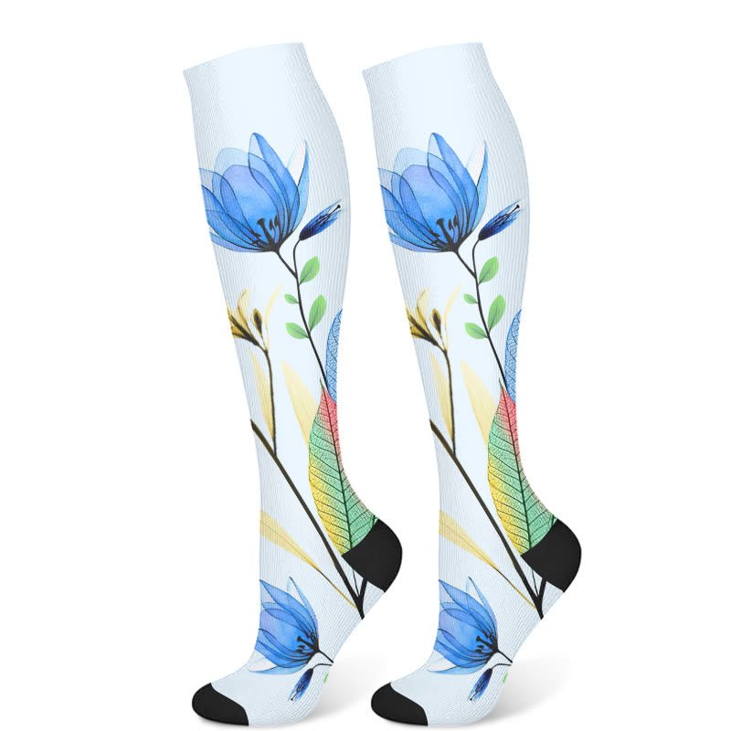 Chaussettes de compression à feuilles vertes et fleurs bleues (3 paires) - Bleu clair (1 paire) - S/M - image 8