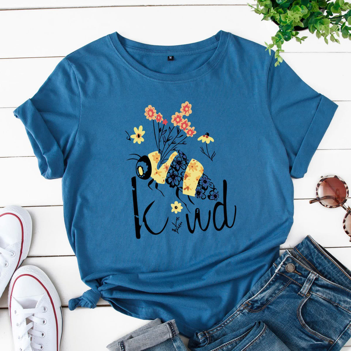 T-shirt à manches courtes à imprimé floral et abeilles créatives grande taille - Bleu royal - 5XL - image 8