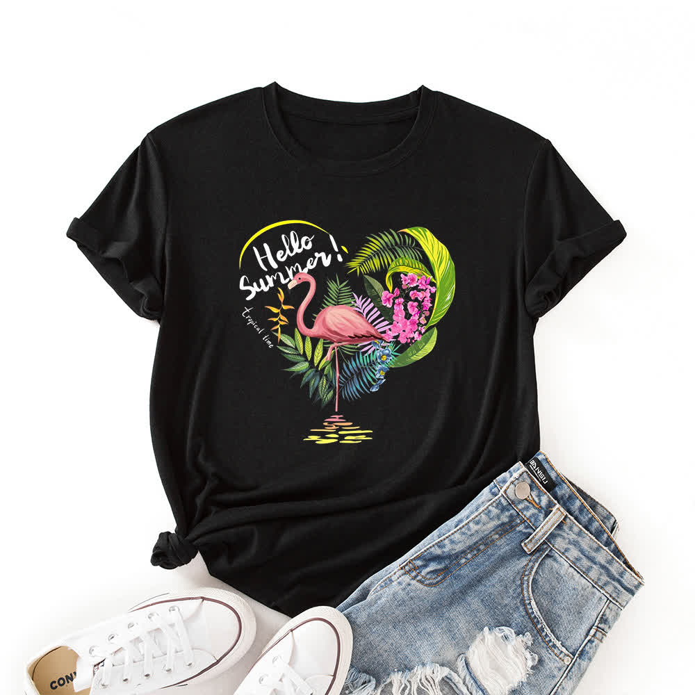 T-shirt à manches courtes imprimé flamant rose et cœur grande taille