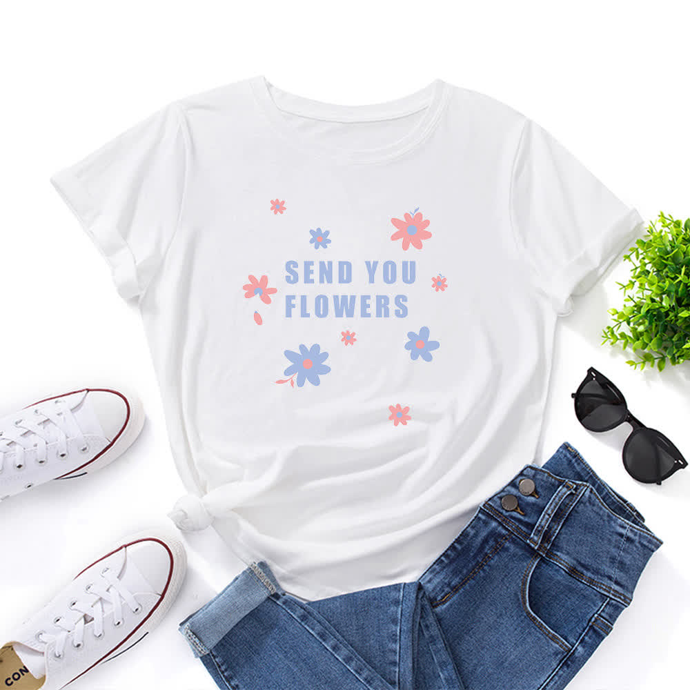 T-shirt à manches courtes et col rond à fleurs grande taille - Blanc - 5XL - image 4