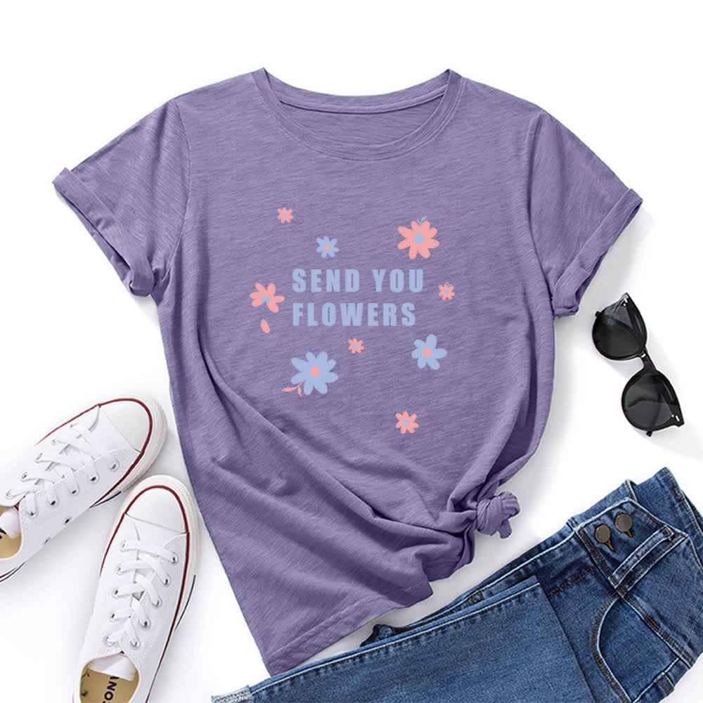 T-shirt à manches courtes et col rond à fleurs grande taille - Violet - 5XL - image 10