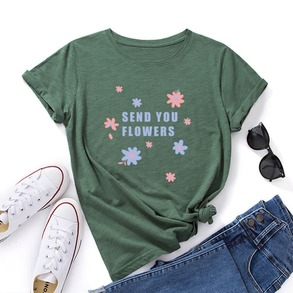 T-shirt à manches courtes et col rond à fleurs grande taille - Vert armée - 5XL - image 5