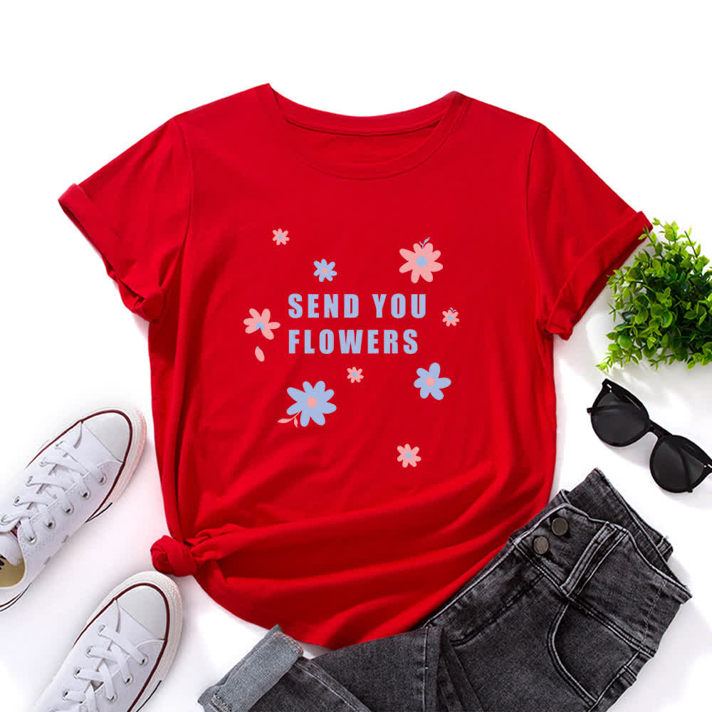 T-shirt à manches courtes et col rond à fleurs grande taille - Rouge - 5XL - image 2