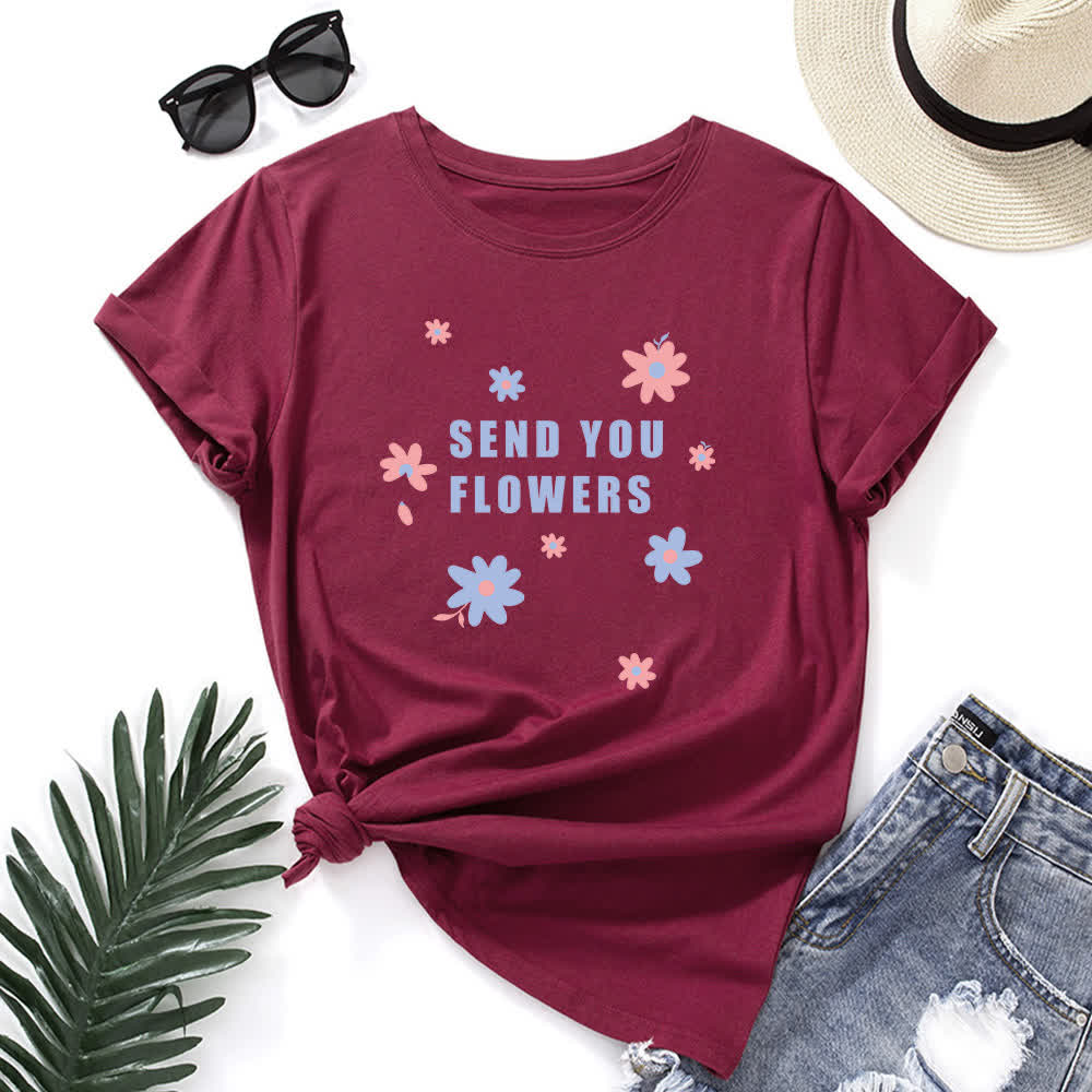 T-shirt à manches courtes et col rond à fleurs grande taille - Vin - 5XL - image 9