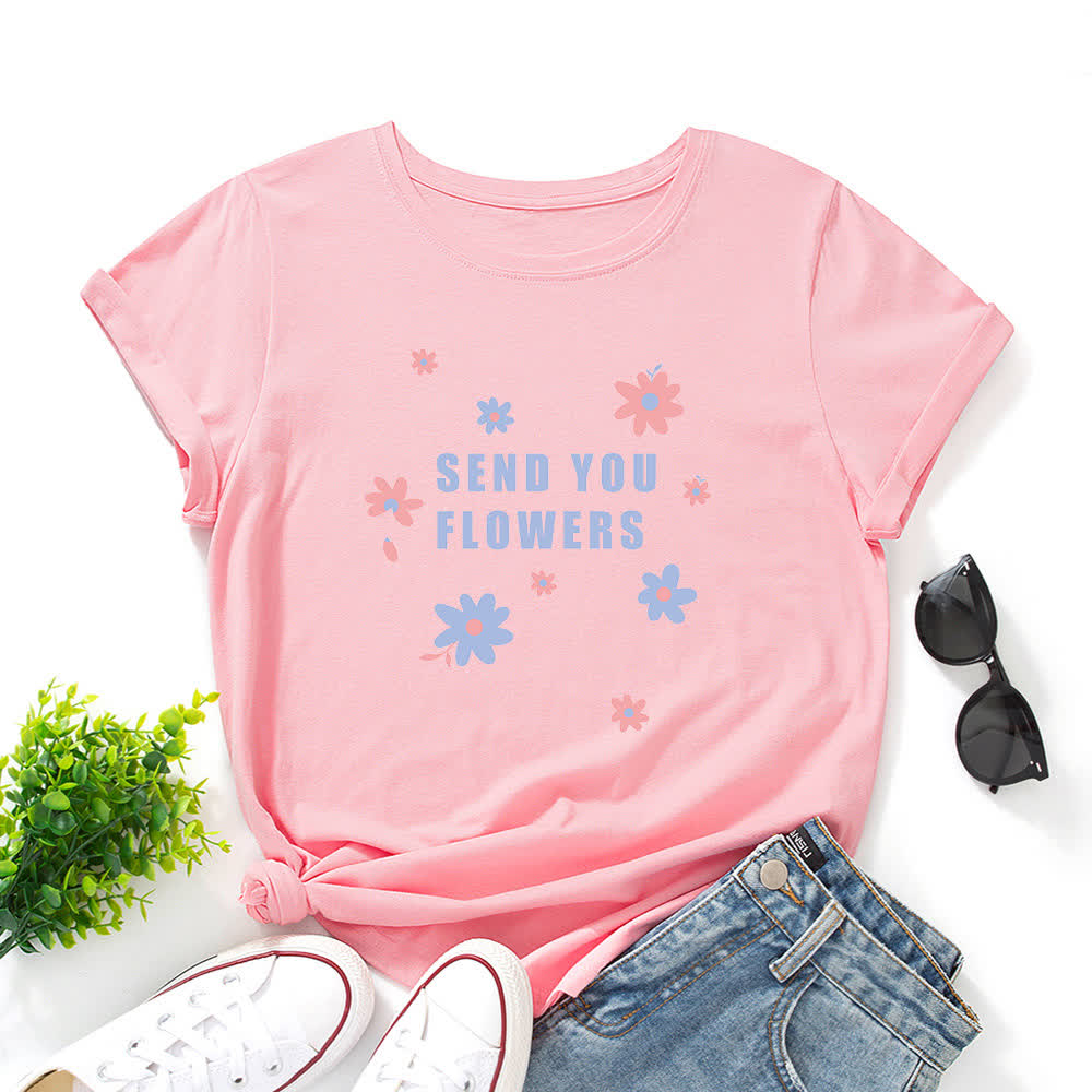 T-shirt à manches courtes et col rond à fleurs grande taille - Rose - 5XL - image 8