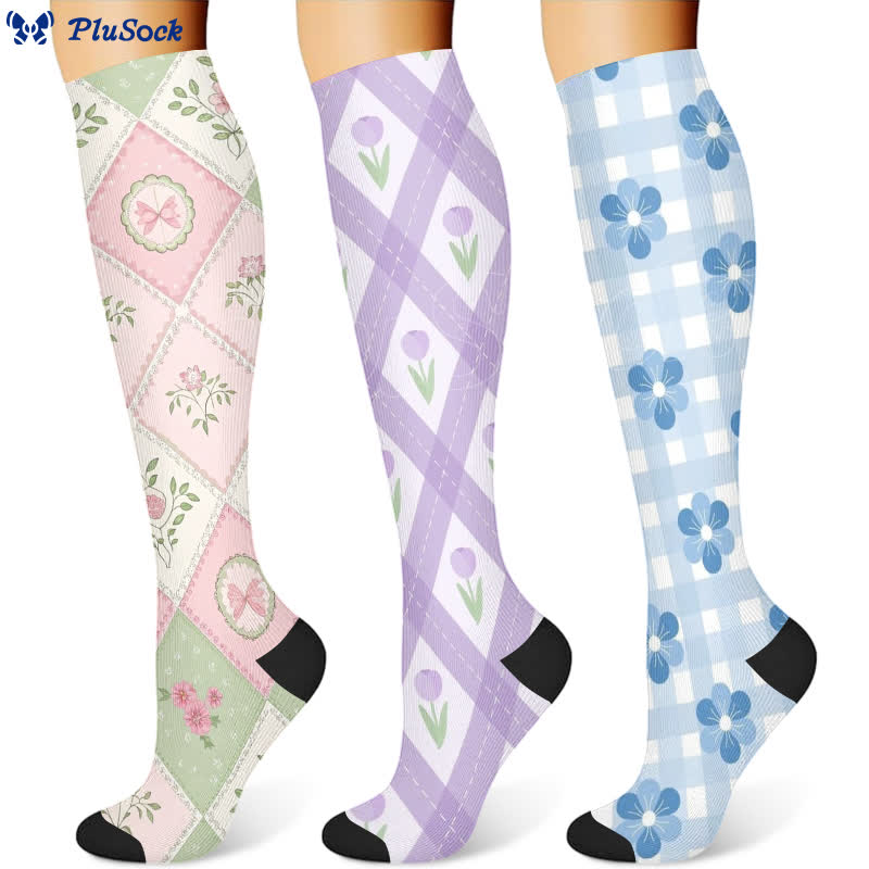 Chaussettes de compression à carreaux floraux (3 paires) - image 1