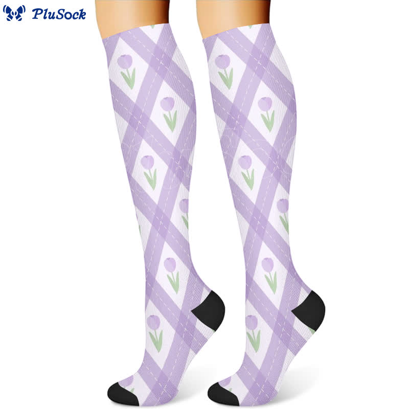 Chaussettes de compression à carreaux floraux (3 paires) - Violet (1 paire) - S/M - image 3