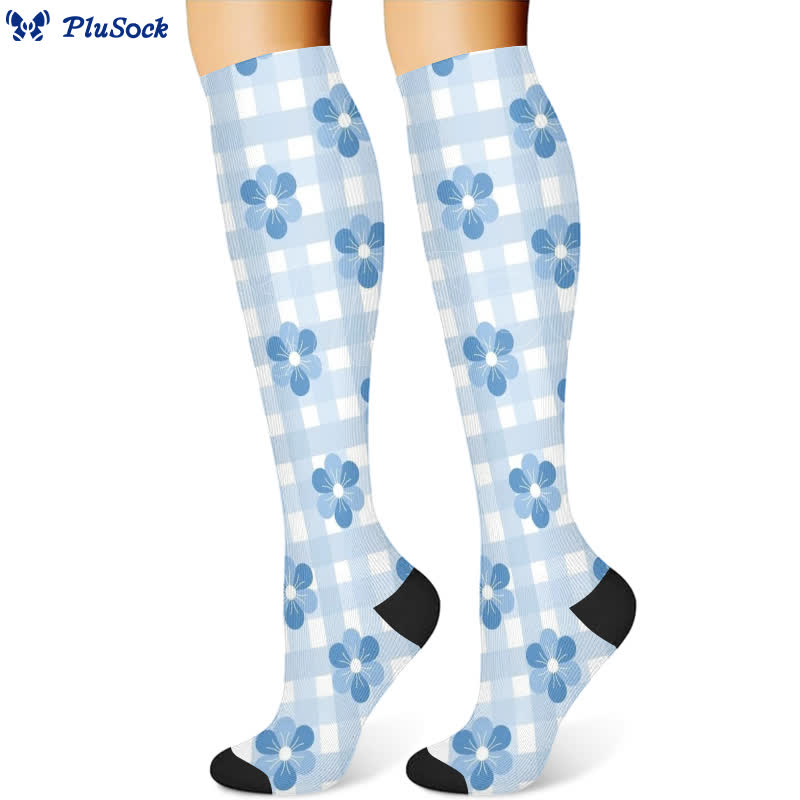 Chaussettes de compression à carreaux floraux (3 paires) - Bleu (1 paire) - S/M - image 4