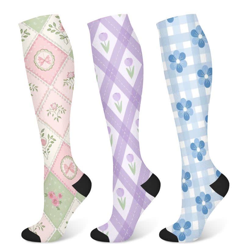 Chaussettes de compression à carreaux floraux (3 paires) - Multicolore - S/M - image 5