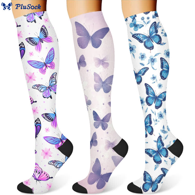 Chaussettes de compression à motif floral et papillon (3 paires) - Multicolore - S/M - image 1